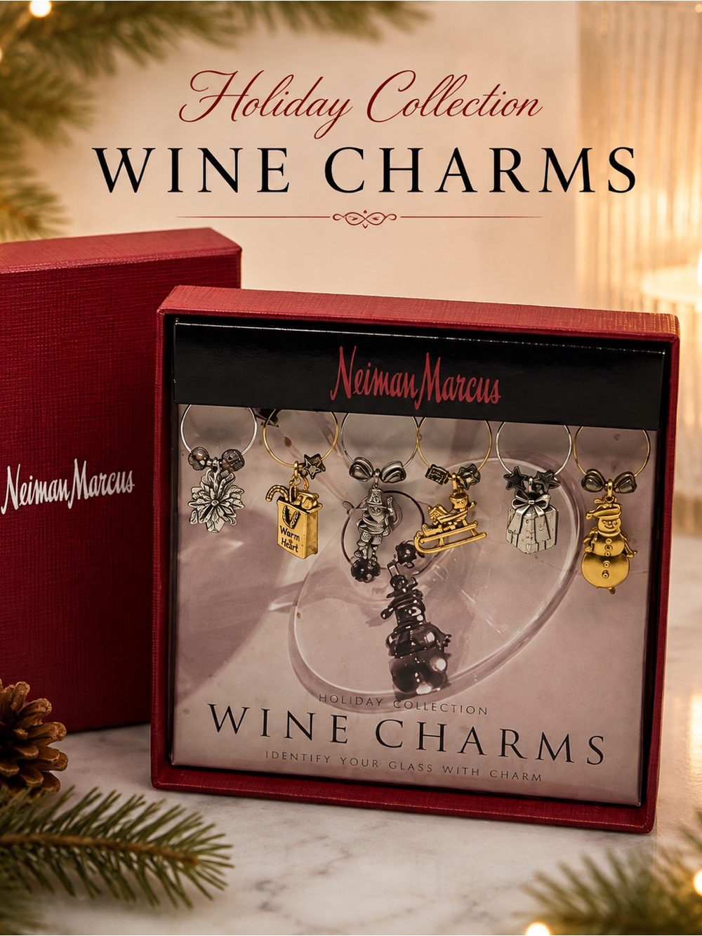 Neiman Marcus Holiday Collection Wine Glass Charms Set of 6 NWT